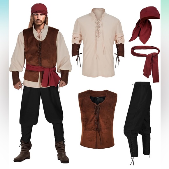 NWT Premium 5 Pcs Men's Pirate Costume Set Renaissance Medieval Size Medium - Picture 1 of 13